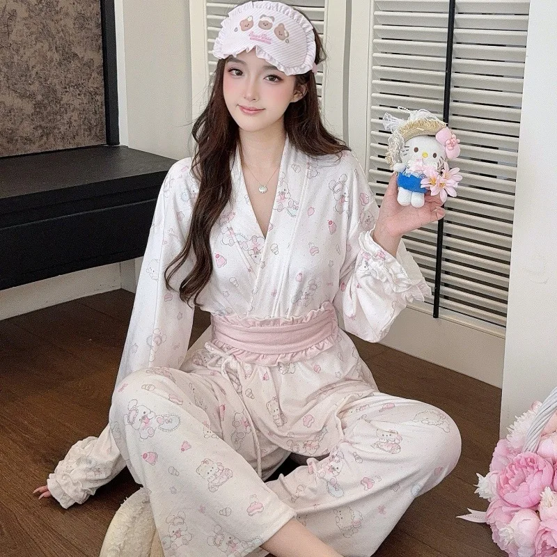 Sweet cute island velvet pajamas women home wear double-sided velvet for warmth and softness autumn winter kimono style pajamas