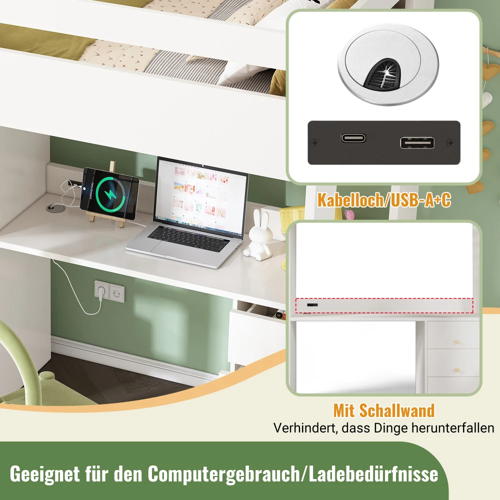 Kinderbett, Hochbett mit USB-C-Schreibtisch, Kleiderschrank, Aktenschrank, Jugend-Einzelbett mit Treppe und Gitter, ohne Matratzenraum – Detail 7