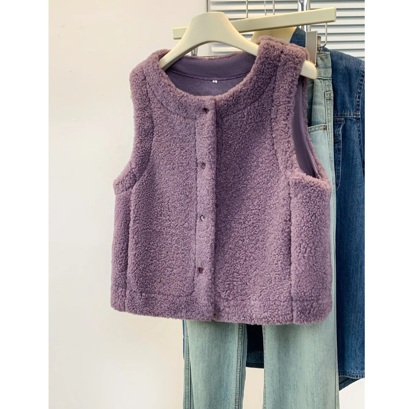 

Purple ort Pure Color round Ne Lamb Fur Vest Women's Autumn Winter Faion College Sle Crossbody Bag Included Jaet