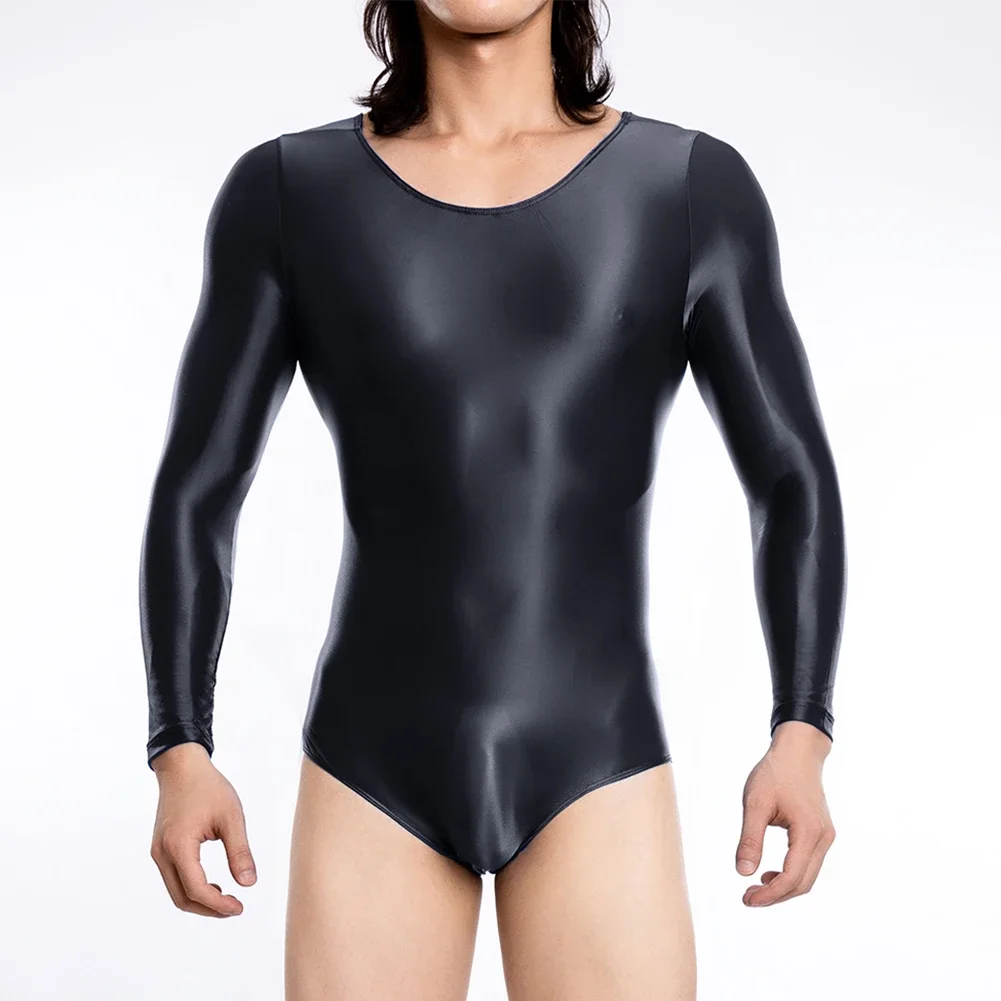 

Men Sexy Oil Glossy See Through Bodysuit Thong Swimwear Bikini Leotard Long Sleeve Jumpsuit Hot Sexy Body Teddies Unitard Fetish