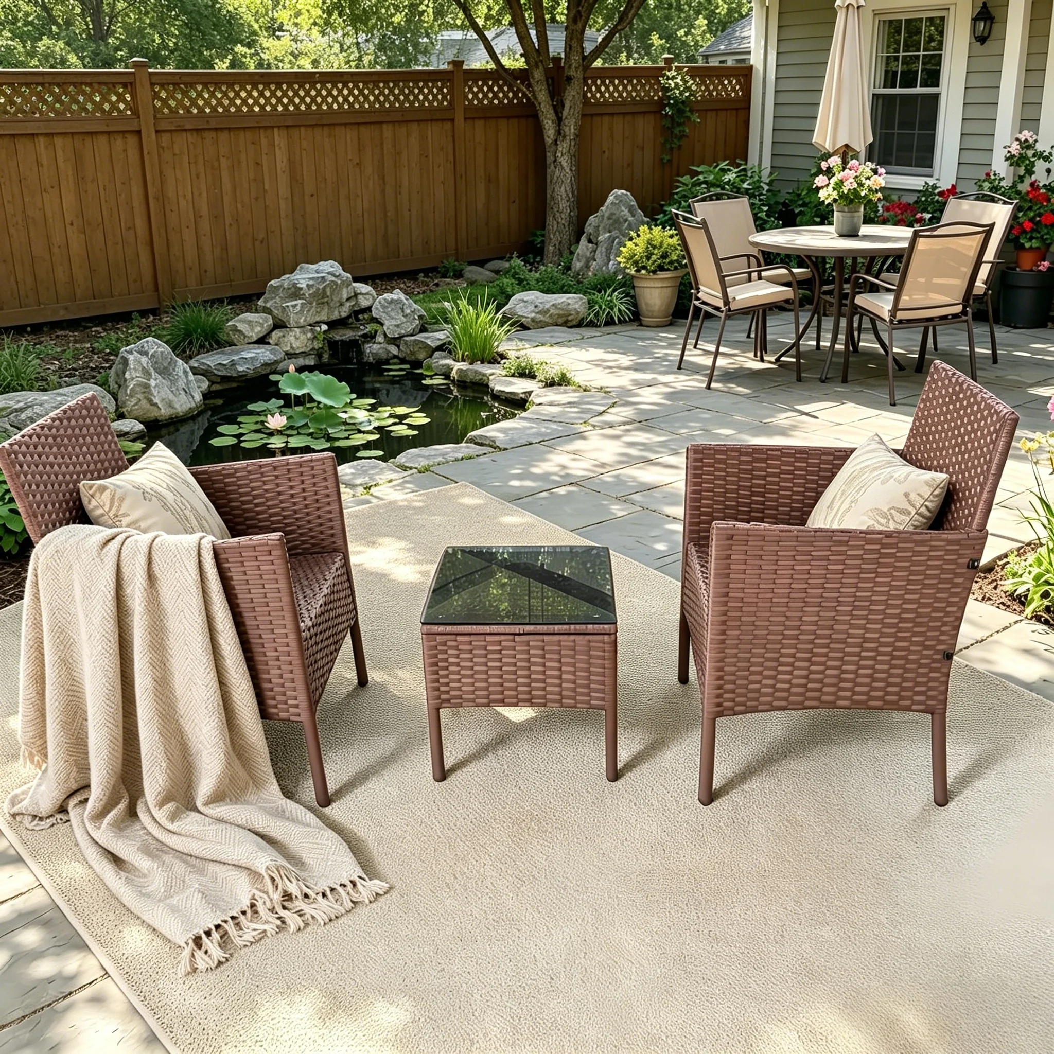 3-Piece Outdoor Wicker Patio Furniture Set, Rattan Conversation Bistro Set With 2 Chairs &Glass Top Side Table, Brown