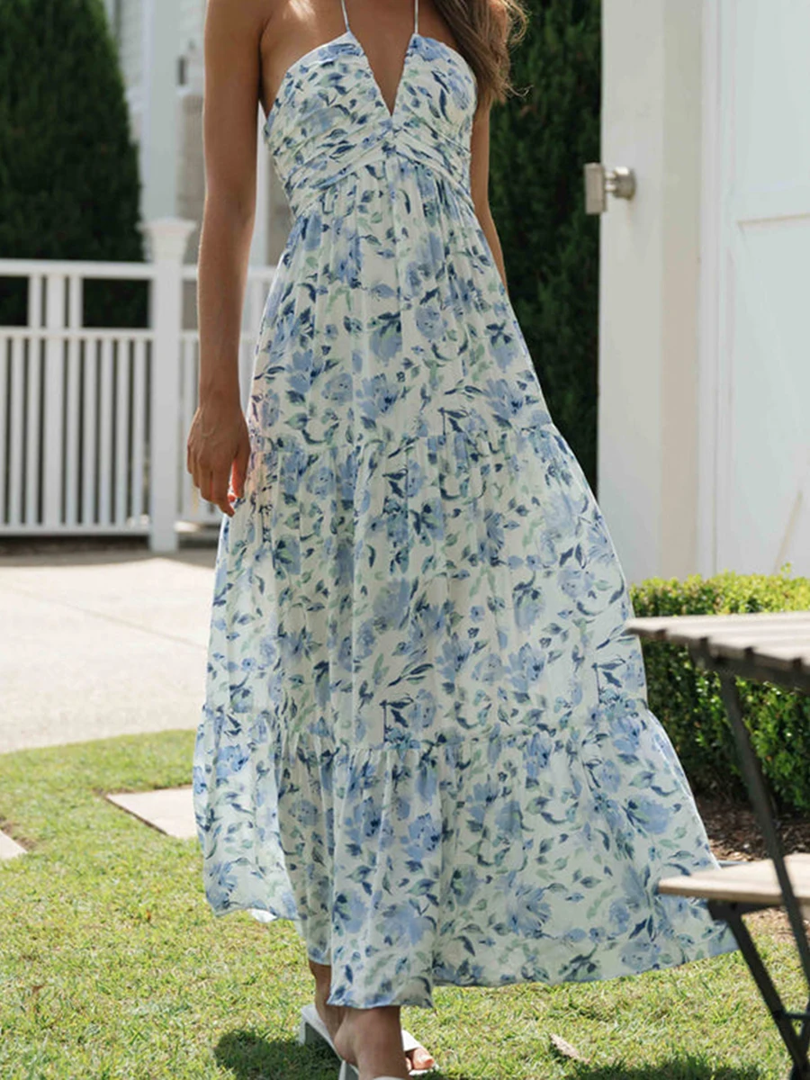 New Fashion Women Long Dress Elegant Sleeveless Tie-Up Halterneck Floral Dress Summer Swing Dress Hot Sale S-XL