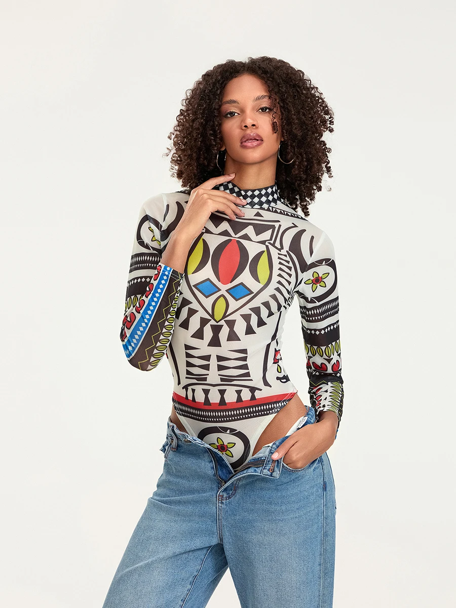 النساء داخلية طويلة الأكمام المطبوعة وهمية الرقبة يوتار الجسم أعلى السروال القصير أزياء ريترو شيك القمصان