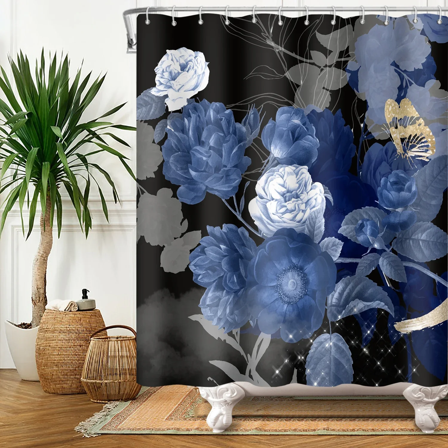 Boho Floral Luxurious Shower Curtain Waterproof Shower Curtains Polyester High-end Bath Curtain Textured Fabric Machine Washable