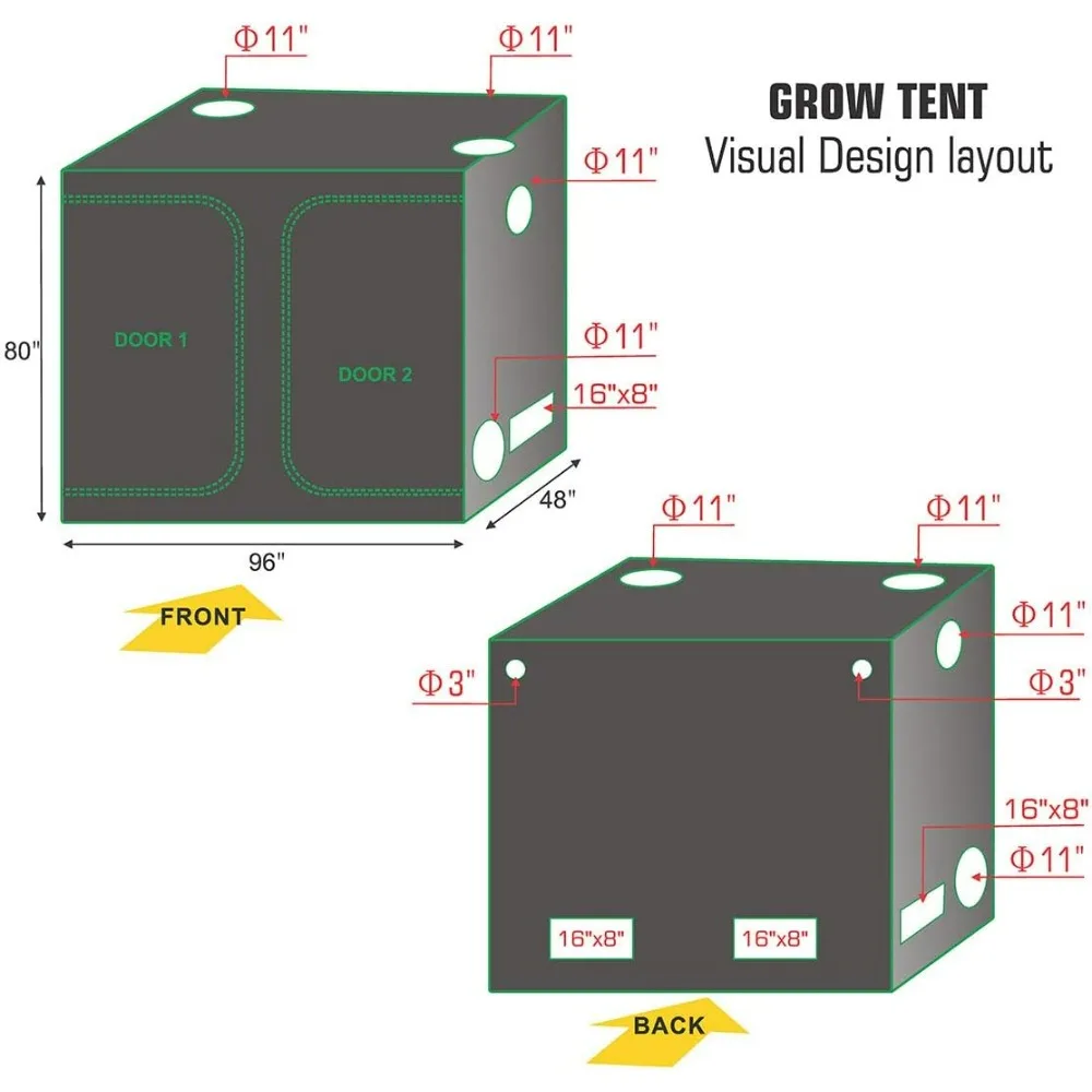 96''x48''x80 2PCS 1500W LED Full Spectrum Professional Mylar Grow Tent Room Ventilation System Indoor Plan t Grow Tent