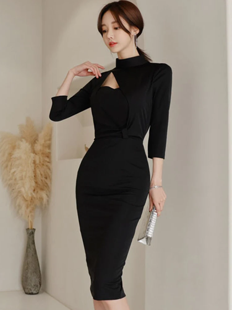 Mode Elegante Midi Jurken voor Vrouwen OL Professionele Chic Sexy Zwart Uitgesneden Slit Bodycon Robe Femme Party Office Lady Vestido