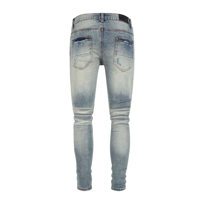 Designer Fashion Men's Jeans with Hole Patching Elastic Slimming Light Blue Jeans High Street Hip Hop Brand Pants Y2K