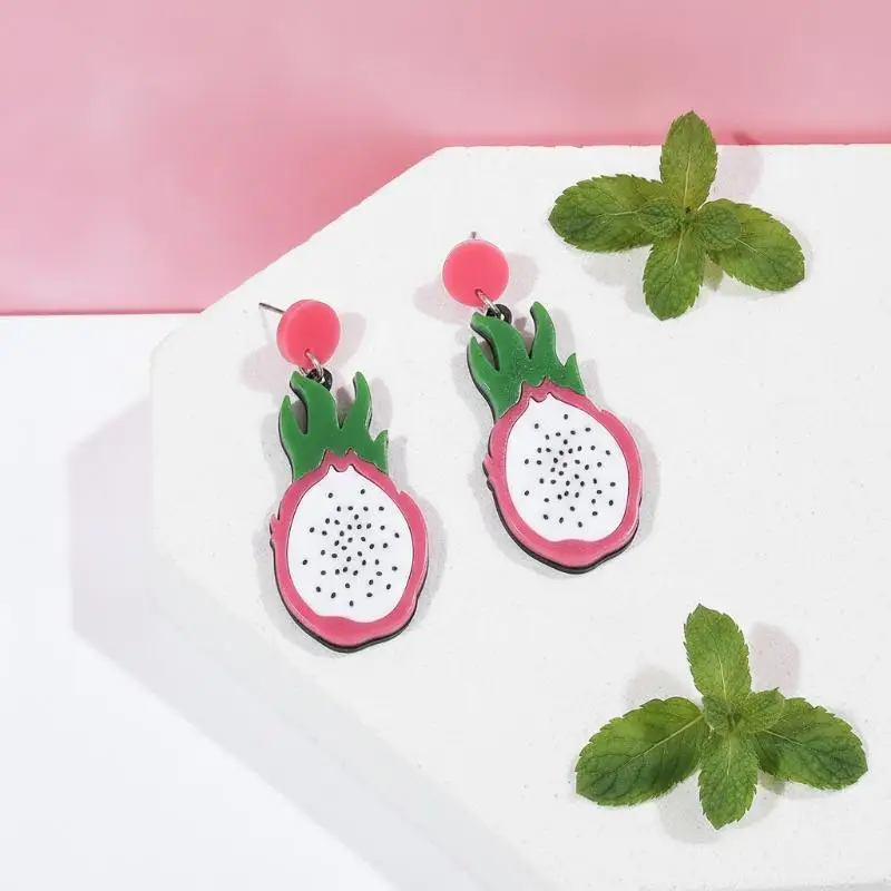 Fruit Earrings Fun Quirky Acrylic Sparkling Strawberry Pitaya Earrings Fashion Jewelry for Girls School Street Wear Accessories