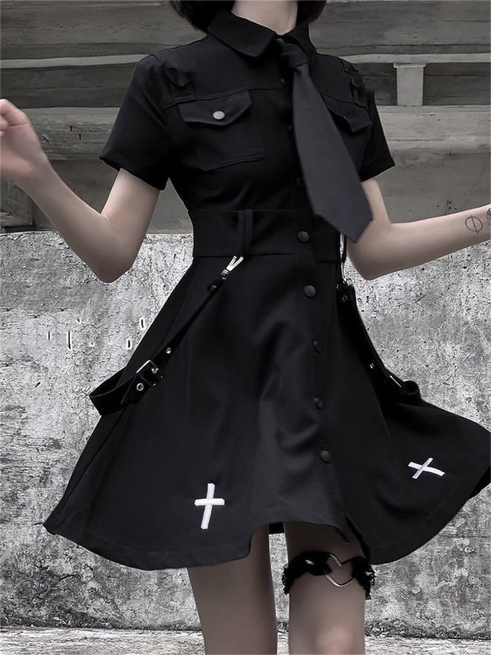 Goth Black Techwear Cargo Mini Dress Women Japanese Lolita Y2k High Waist Emo Dresses Harajuku Female Egirl Grunge Robe Vestidos