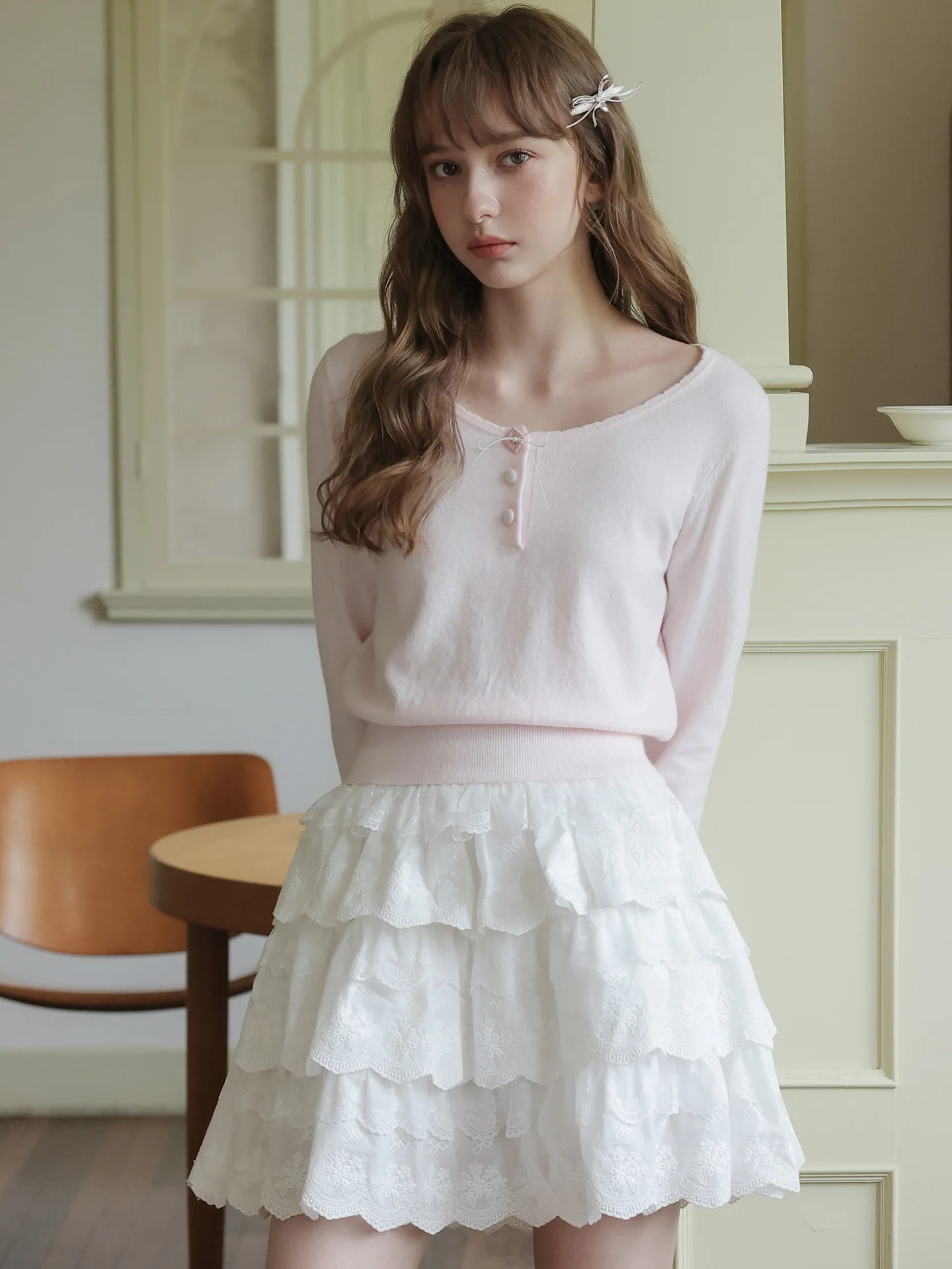 Soft Pink Knitted Long Sleeve Sweater Elastic Waist Large round Neck Women's Style Commute Vintage Fit  Knot Design