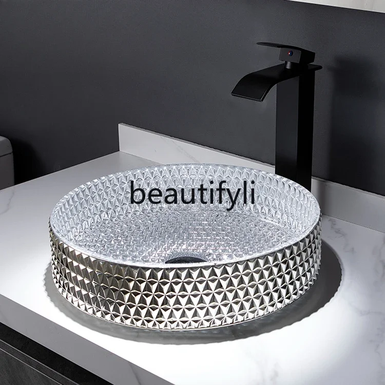 

ss Bathroom glass wash basin electroplating die-casting art cylindrical table crystal basin silver wash basin gold