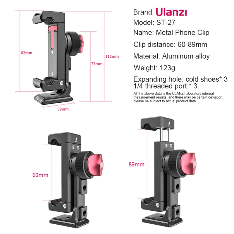 Ulanzi Pince de support de téléphone en métal ST-27 avec chaussure froide Arca 360 ° Rotatif Trépied réinitialisation de montage pour TikTok Vlog