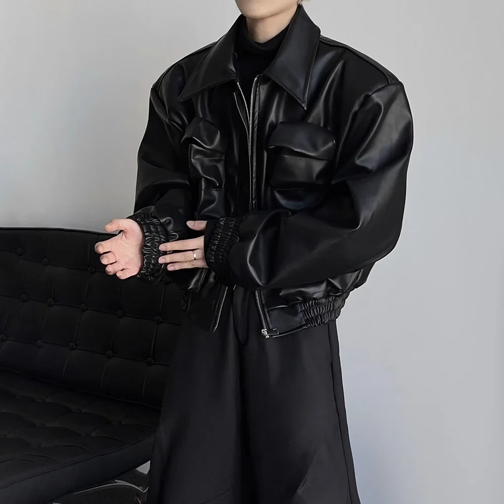 Y2K Mens PU Leather Jacket Pocket Motorcycle Coat Spring Casual Gothic High Street Dark Silhouette Top Men\'s Wear Unisex 2025