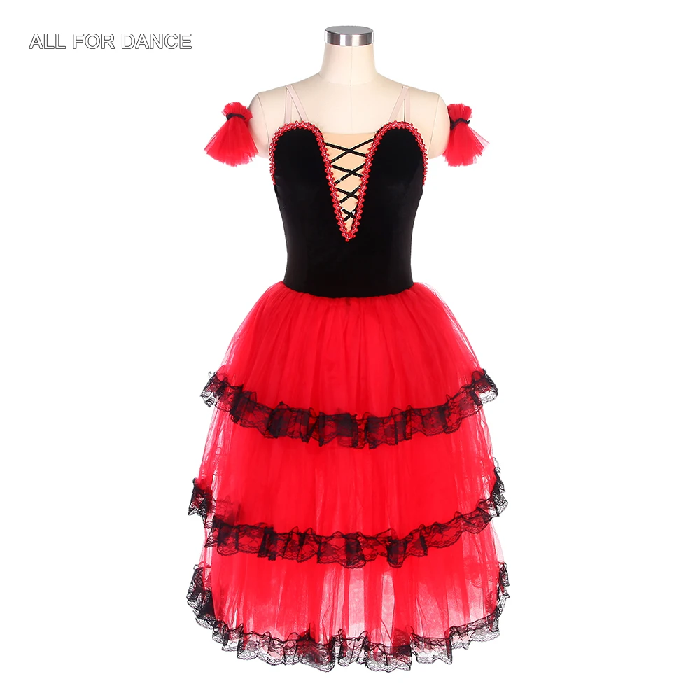 Tutú de Ballet largo español, Top negro de terciopelo, corpiño de tul rojo, trajes de baile, tutú de bailarina, 18004