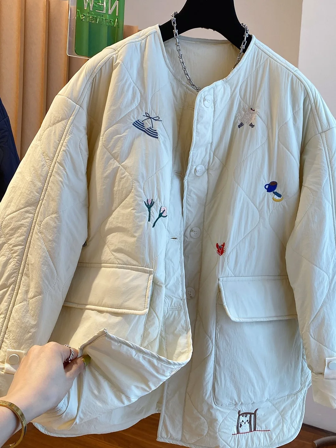 جايت قطني خفيف الوزن مطرز كوري فضفاض مناسب للخريف والشتاء ملابس خارجية أنيقة طويلة Sve مستديرة...