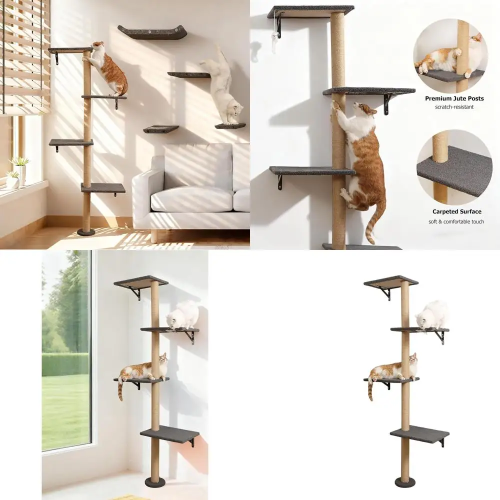 

4-Tier Corner Cat Tree with Wall-Mounted Tower, Carpeted Climbing Wall for Indoor Cats' Play and Perching (Grey)