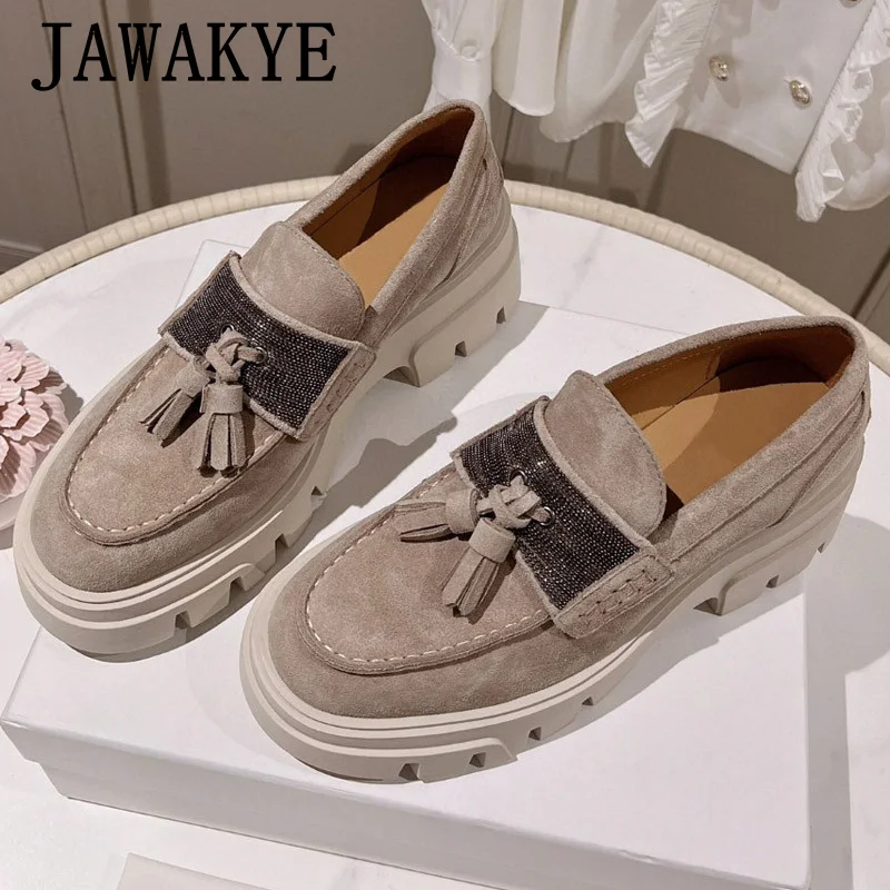 JAWAKYE piattaforma in pelle scamosciata aumentare scarpe donna Slip on punta tonda suola spessa nappe mocassini scarpe Casual scarpe retrò per le