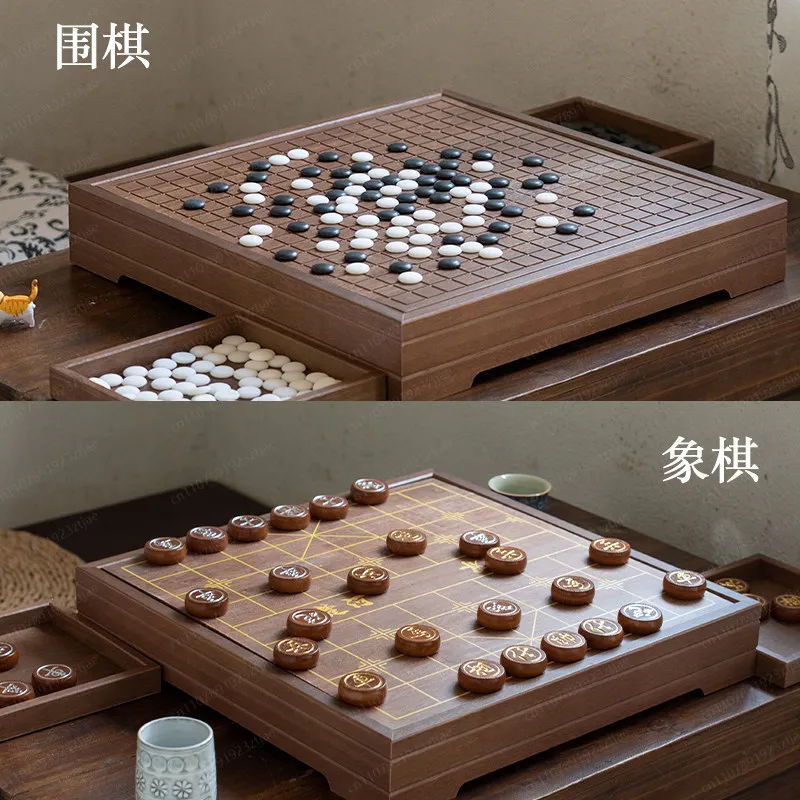 High-End Solid Wood Go & Chinese Chess 2-in-1 Board, Large Traditional Double-Sided Game Set