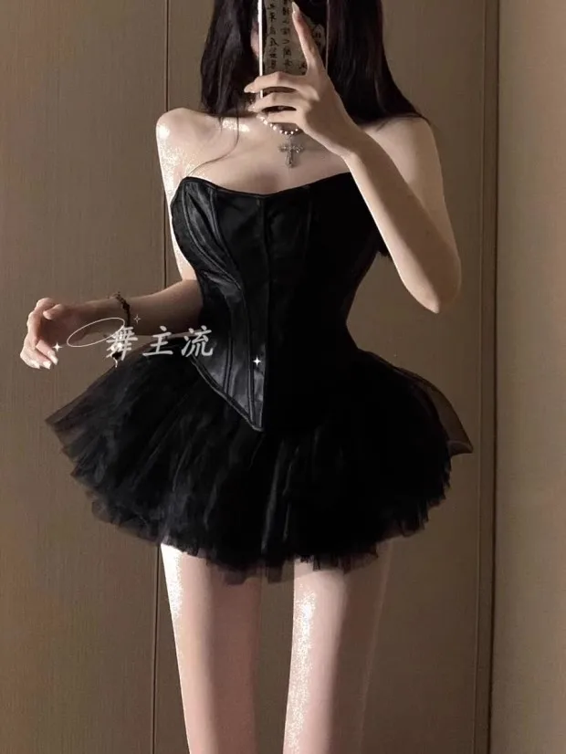 

Bar Costume GOGO Lead Nightclub Jazz DJ Korean Women Group Sexy Black Tops + Tutu Skirt Singer Dancer Prom Party Stage Wear