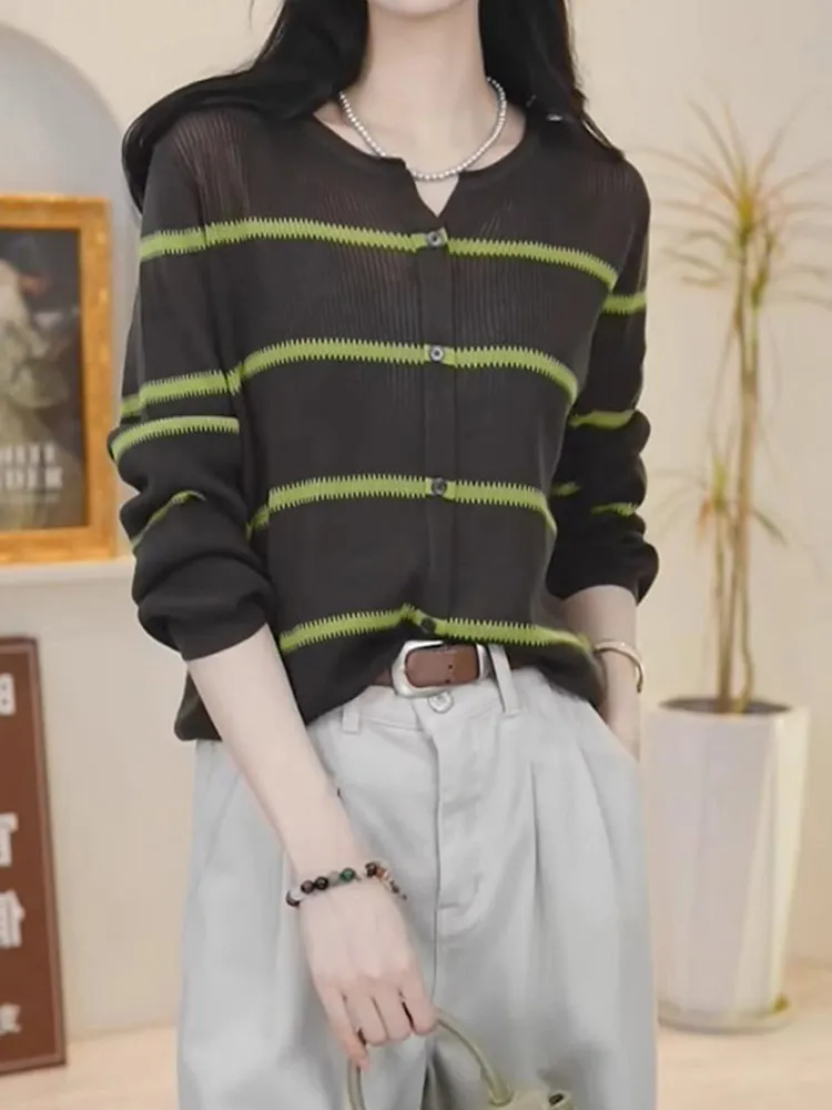 

Faionable корейский полосатый цветной вязаный кардиган для похудения, повседневный универсальный женский топ Lazy Sle Long Sve