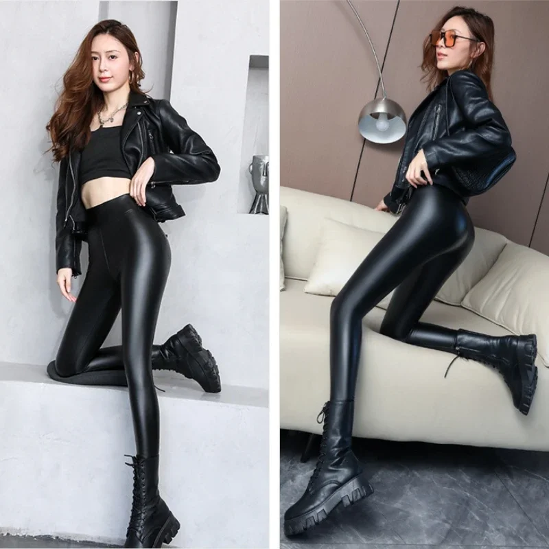 DOIAESKV autumn and winter outer wear fleece thickened high-waisted and thin windproof waterproof feet PU leather long pants