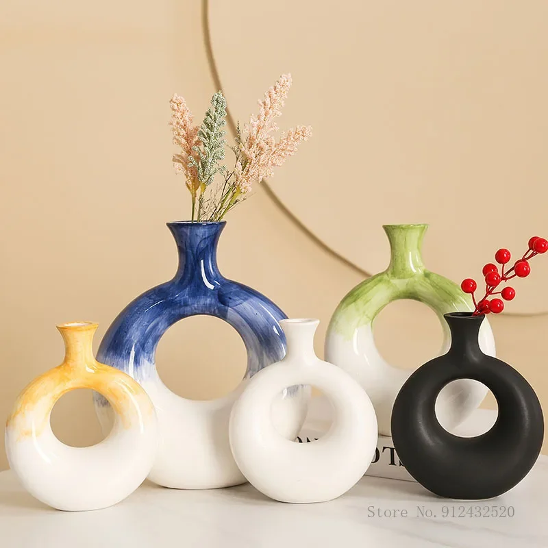 Nordic Ceramic Hand Drawn Gradient Colors Vase, Home Dining Table Living Room Bedroom Office Decor Accessories, Flower Ware, 1Pc