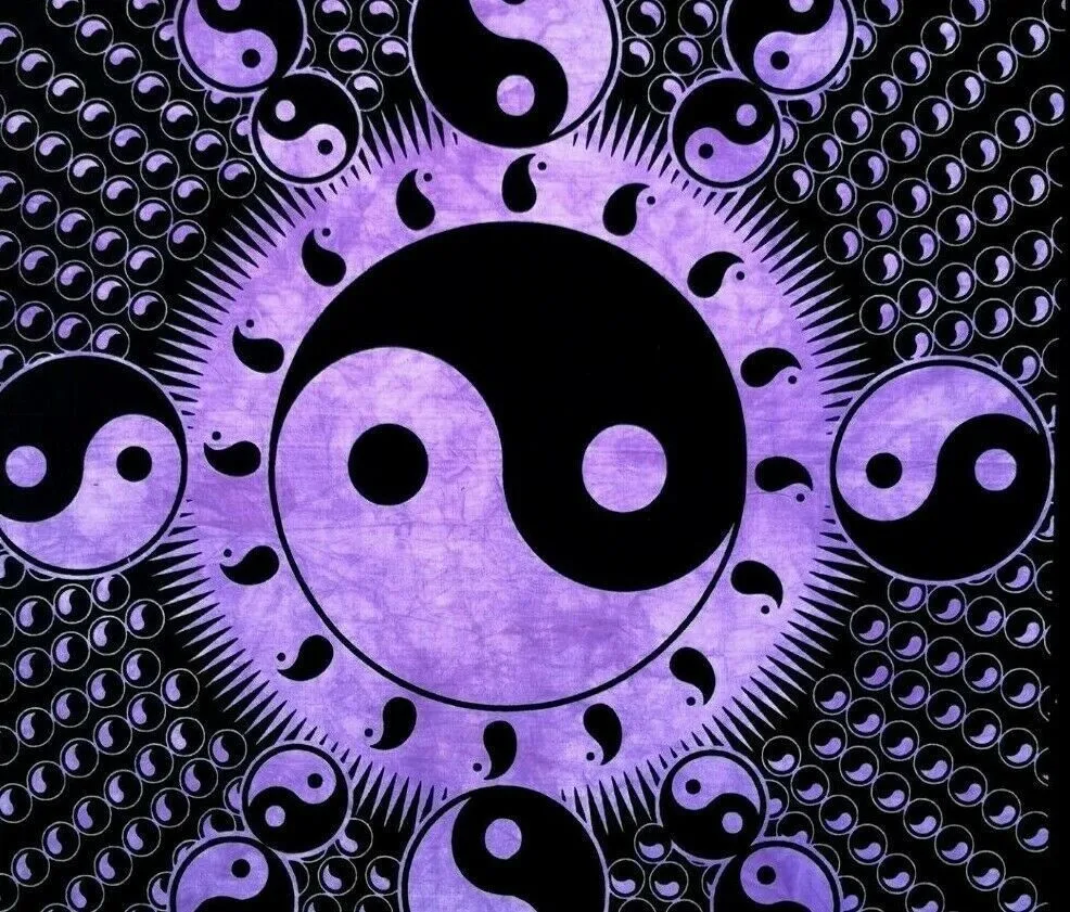 Purple Yin Yang Sunburst Tapestry 2D Flat Wall Hanging with Radiant Symbols for Bedroom Living Room Spiritual Boho Decor