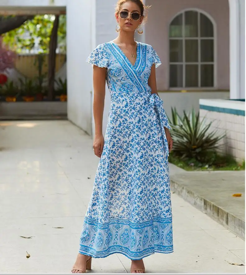 Short Sleeve Loose Plain Maxi Dresses Casual Long Dresses V Neck Maxi Summer Beach Dress British Women Sexy Slimming Dress