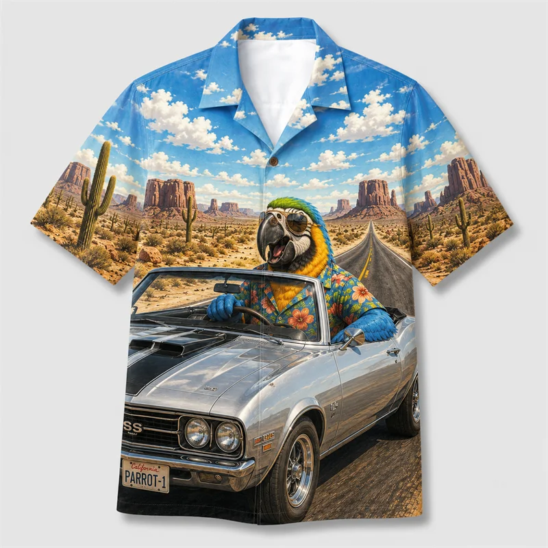 Men's Muscle Car Animal Hawaiian Shirt Desert Road Print Short Sleeve Vacation Party Beachwear