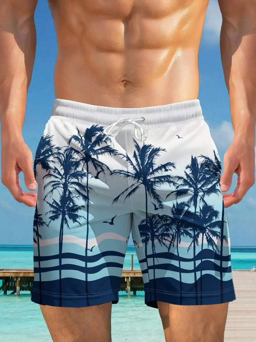 Mens 3D Print Beach Shorts With Palm Tree Pattern Drawstring Waist Summer Swim Trunks