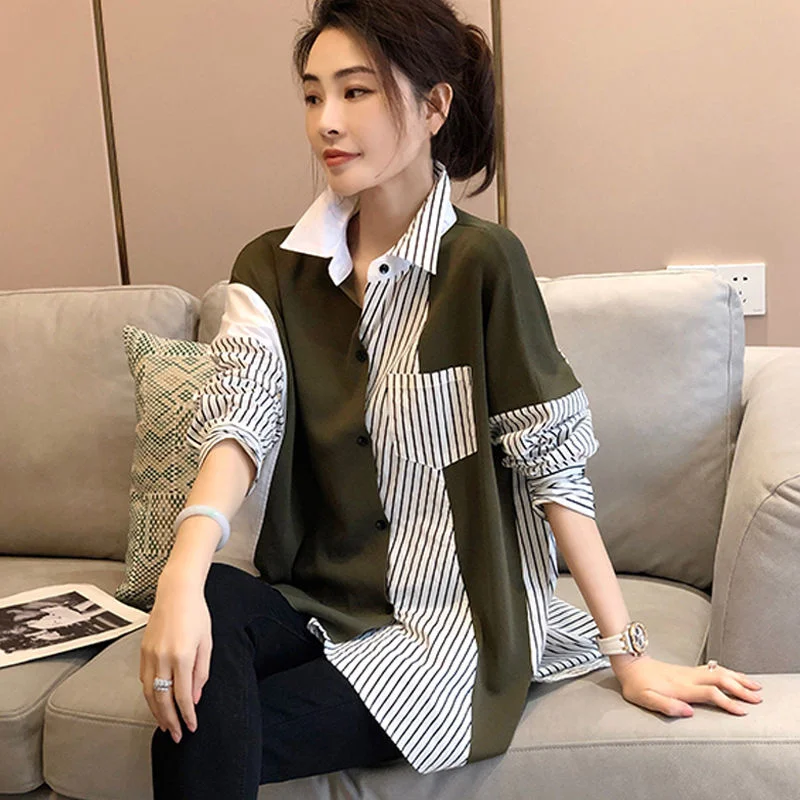 Women Fashion Stitching Western Style Design Shirt Spring Autumn 2023New Contrasting Color Splicing Stand-up Collar Stripe Shirt