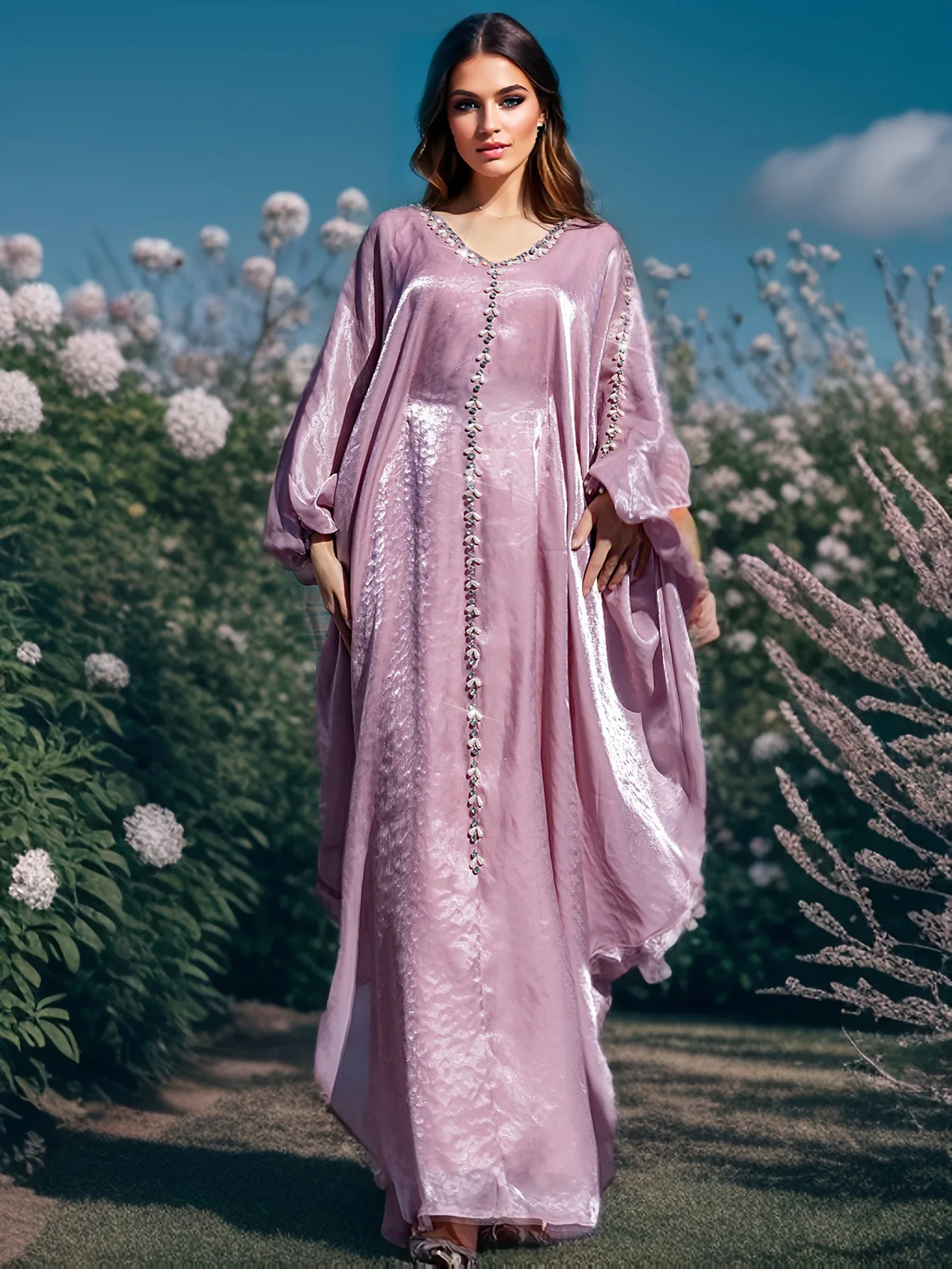 

Eid Muslim Dress Women Abaya Silky Bat Sleeve Pearl Long Dresses Diamond Party Caftan Jalabiya Ramadan Dubai Arab Robe 2025