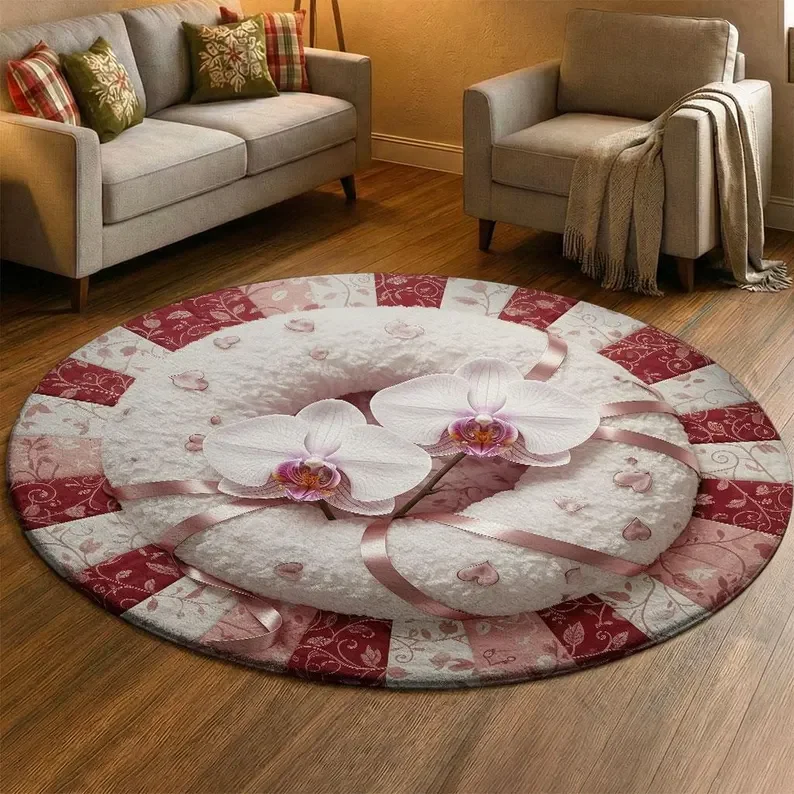 

3D Valentine Orchid Rug, Pink Heart Carpet Romantic Floral Floor Mat Elegant Ribbon Home Decor Luxury Flower Gift for Her Rug