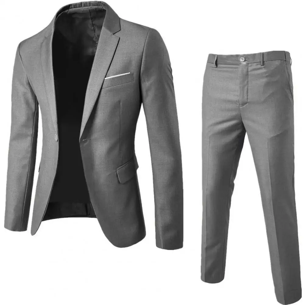 1 Set Trendy Suit Jacket Trousers Handsome Business Suit Turndown Collar Pure Color One Button Suit Set  Daily Wear