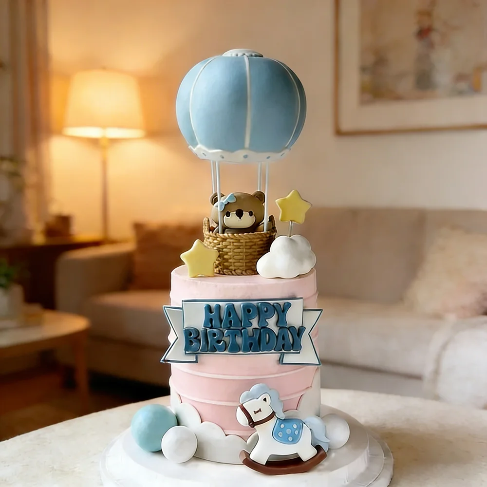 Hot Air Balloon Bear Cake Topper Set Pink Blue Green for Baby Shower Kids Birthday Party Boy Girl Cake Decor Supplies Kit