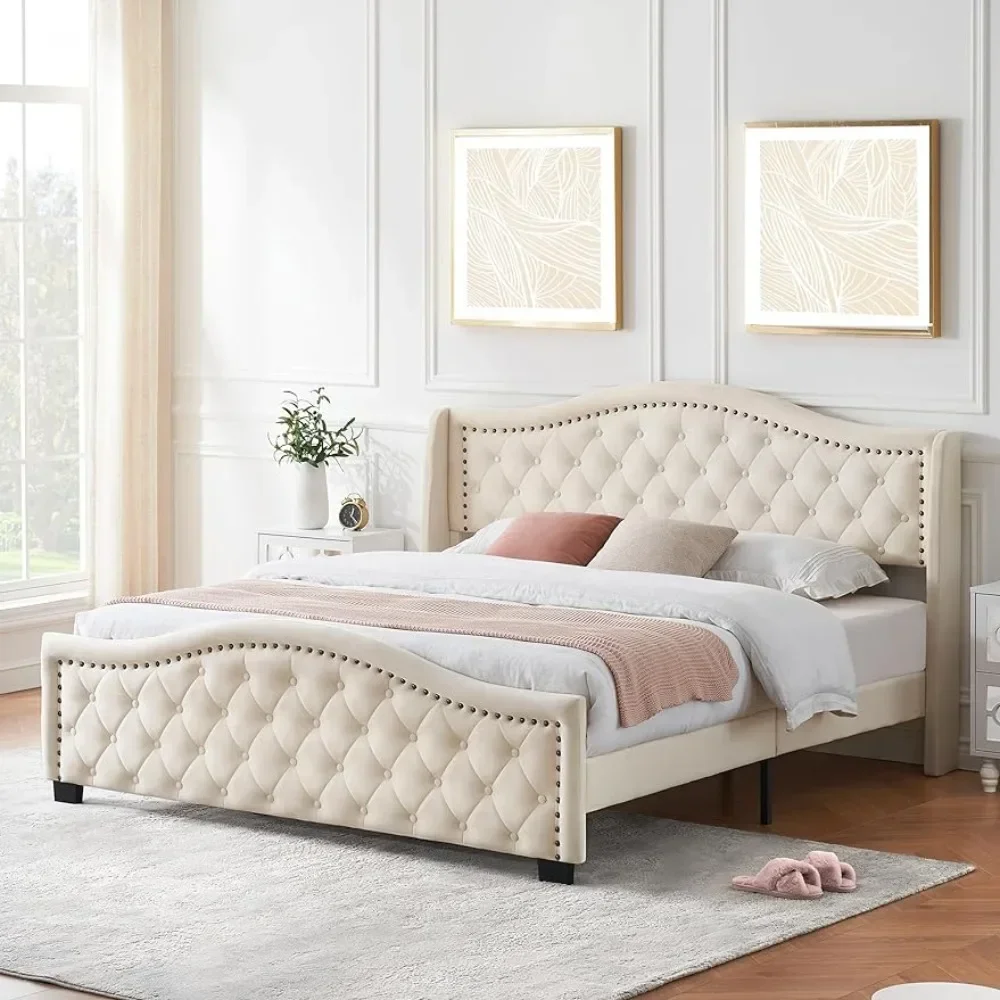 

King size Upholstered Platform bed frame, padded platform bed with wingback high headboard, no springs,needed, off-white