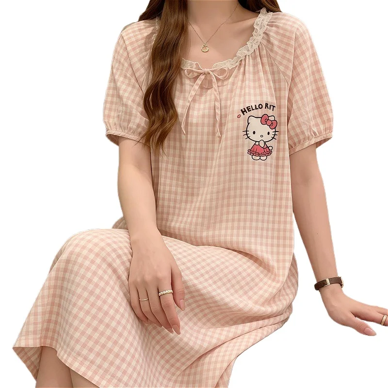 Cute Plaid Nightgown Hello Kitty Girls Pajamas Dress Sleepwear Short Sleeve Night Gown Womens Clothes Long Dresses Home Summer
