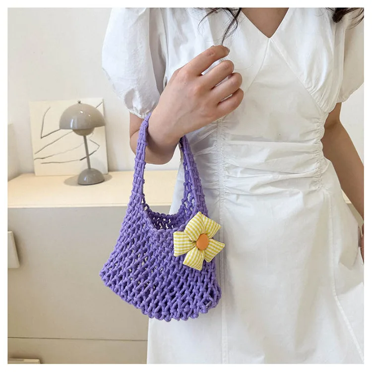 

2025 Korean Style Woven Net Bucket Bag Handmade Cotton Rope Wristlet Purse Trendy Beach Vacation Tote Fashionable Hollow Out