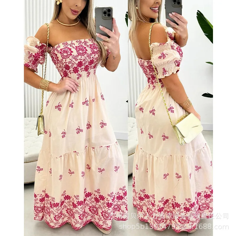 

2024 Spring Summer New Dress Women Off-Shoulder Short Sleeve Floral Print Vacuum Style Dress Women Sexy Backless Strapless Dress