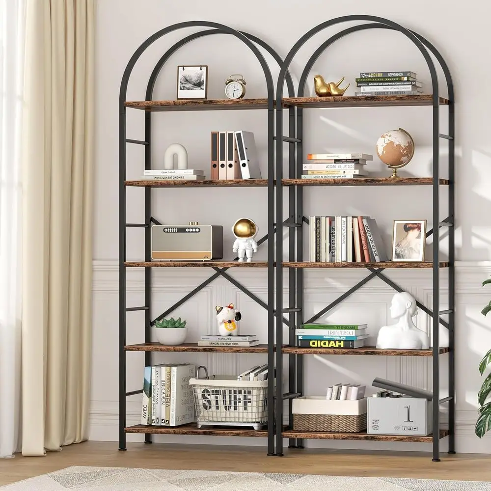 5-Tier Arched Bookshelf - Rustic Brown, Storage Organizer for Home Office and Living Spaces
