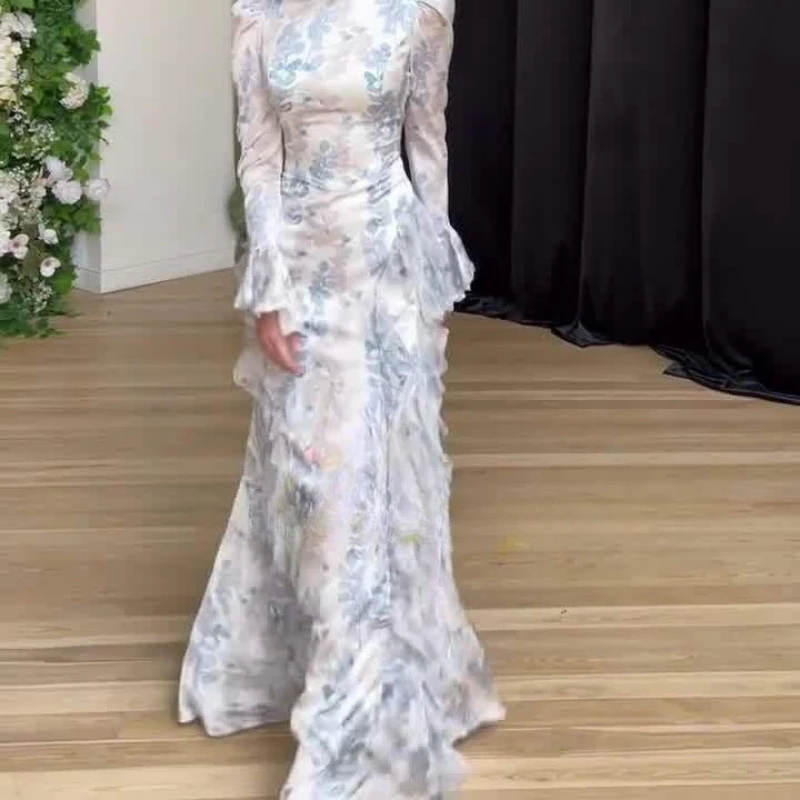 2025 novo na primavera estilo suave fino ajuste rendas até vestido de cetim impresso manga comprida vestido longo para mulheres roupas femininas elegantes