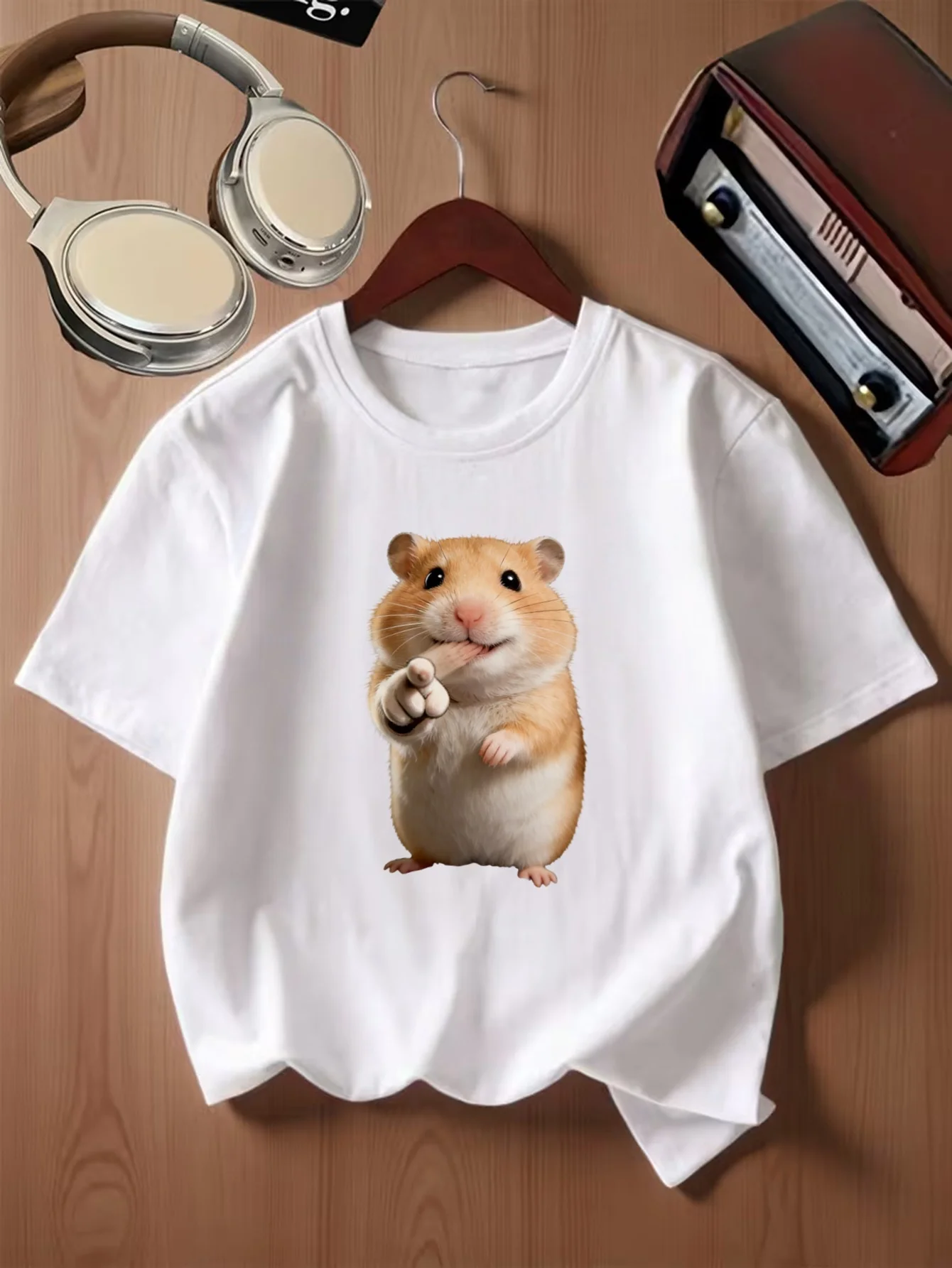 Cute Golden Hamster Pointing Forward Cartoon Graphic Kids T Shirt Boys Girls Family Matching Summer Crew Neck Casual Tee