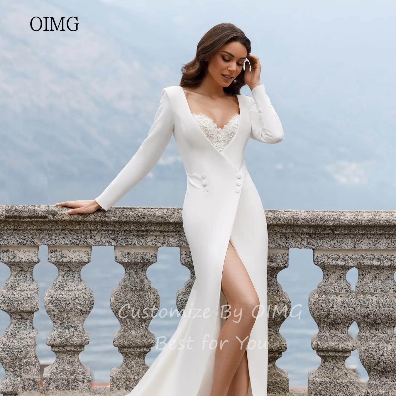 OIMG-vestido de novia moderno de color marfil, vestidos de novia de manga larga de sirena, largo hasta el suelo de encaje, vestidos de novia personalizados