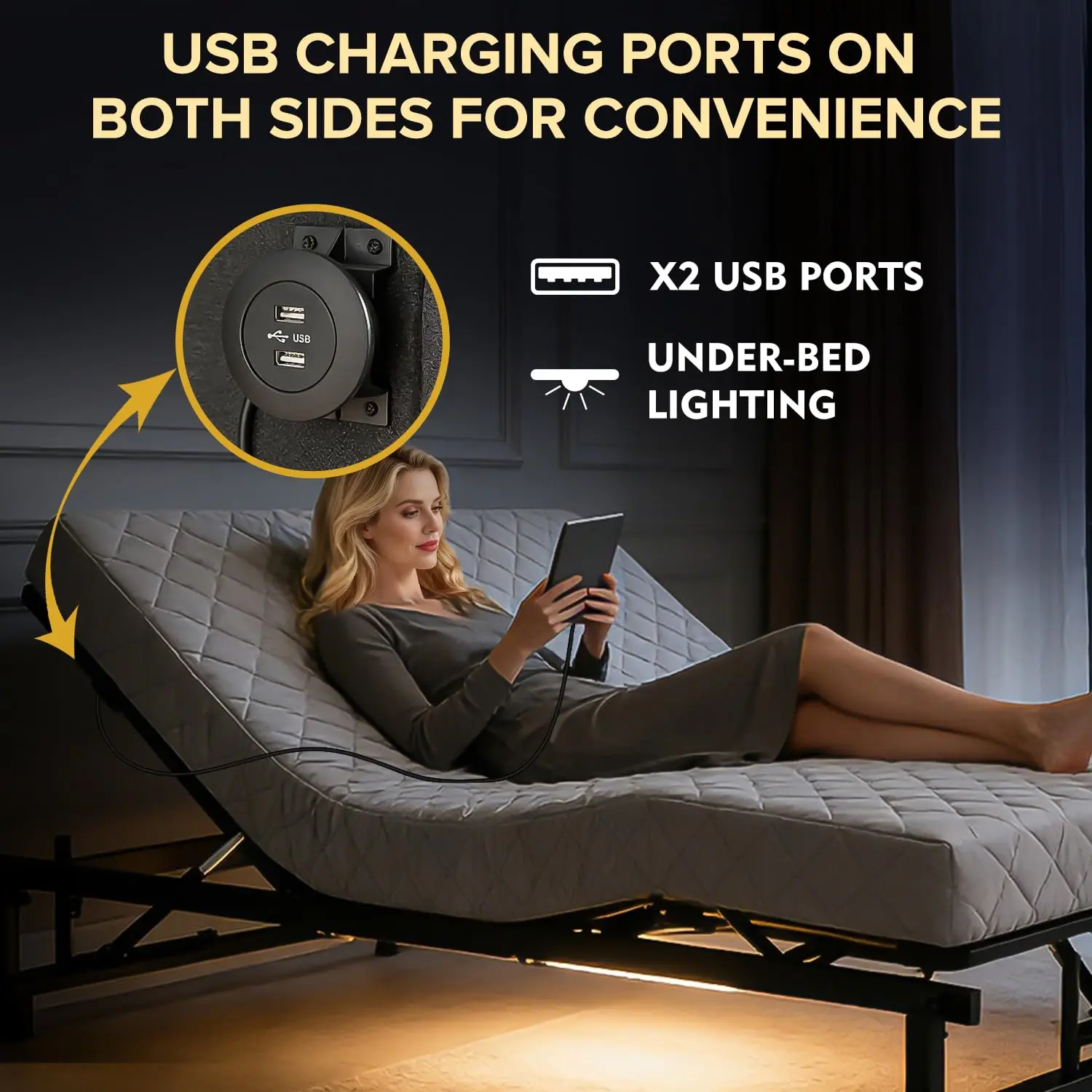 King Adjustable Electric Bed Frame, Head & Foot Incline, Wireless Remote, Zero Gravity & 4 USB Ports, Custom view 5