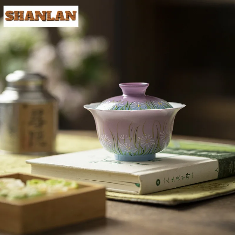 140ml Hand-painted Daisy Gaiwan Zen Not Hot Tea Tureen Tea Bowl With Lid Kit Tea Brewing Cover Bowl Tea Ceremony Supplies Craft