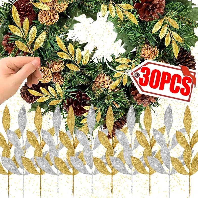 Christmas Glitter Leaves Bay Leaves Artificial Gold Sprays Giltter Stems Christmas Tree DIY Xmas Wreath Garland Home Decoration