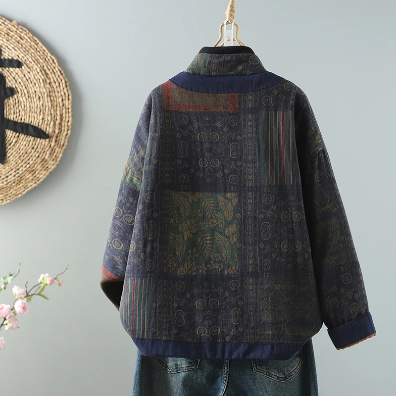 Herbst Winter Neue Sle Große Größe frauen Retro Künstlerische ort Lose Abnehmen Baumwolle Jaet Vintage Print Lange Sve Mantel