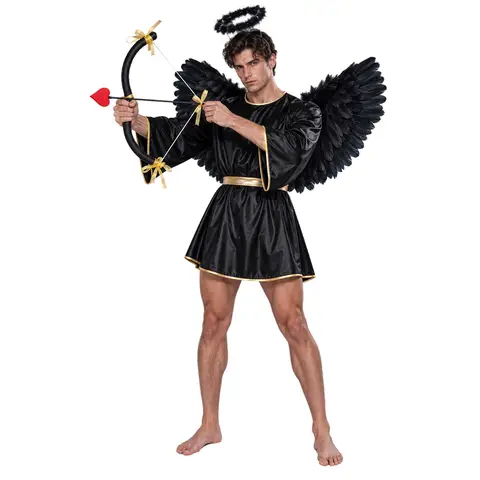Men Halloween Cupid God of Love Angel Devil Costume Bat Sleeve Satiny Ancient Greek Toga Dress with Wings Valentines Day Outfit