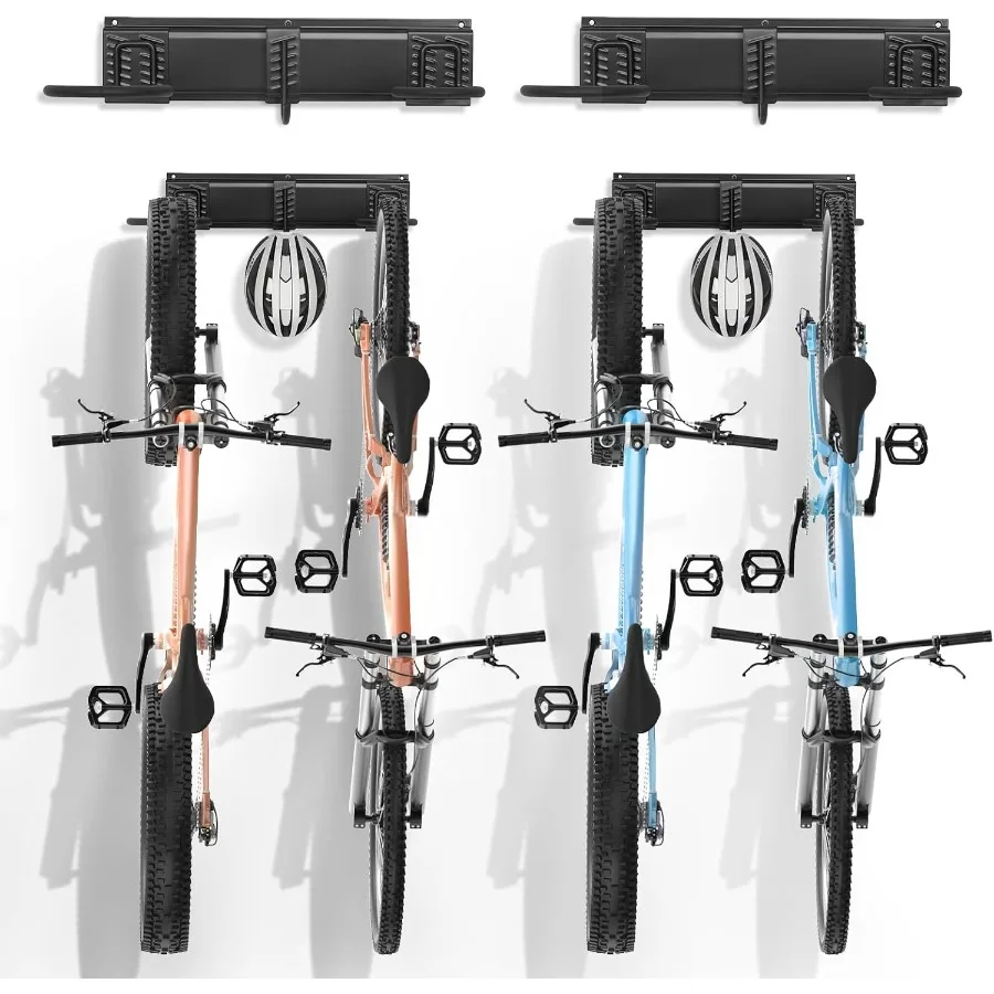

Bike Storage Rack 4 Bike Racks and 2 Helmets Hooks Wall Mount Bike Storage Hanger Home Garage Organizer Customizable for Vario