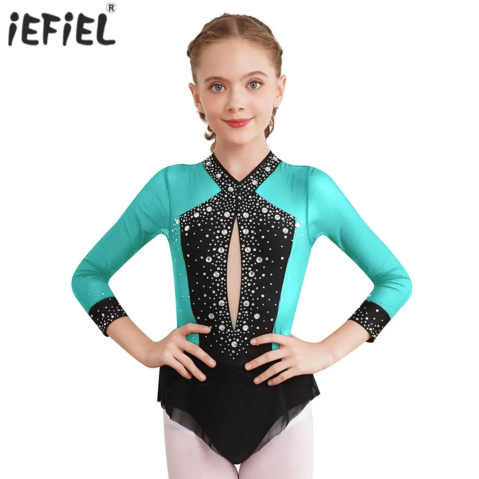 Kids Girls Gymnastics Ballet Lyrical Dance Costume Sparkly Rhinestones Skirted Bodysuit Figure Skating Dance Leotards Costume